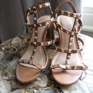 Camel/Gold-studded Chunky Heel Sandal